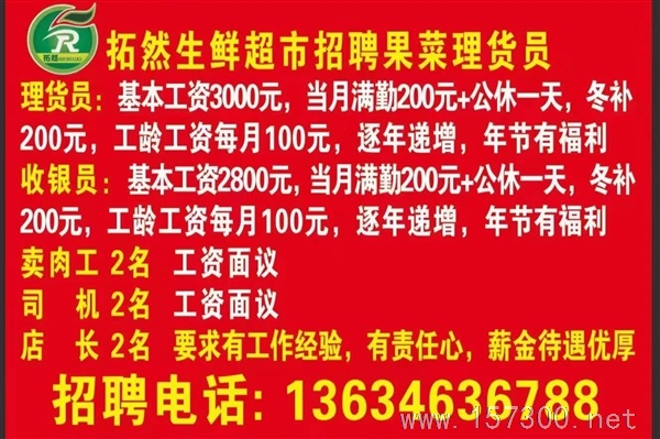拓然生鲜超市招聘收银